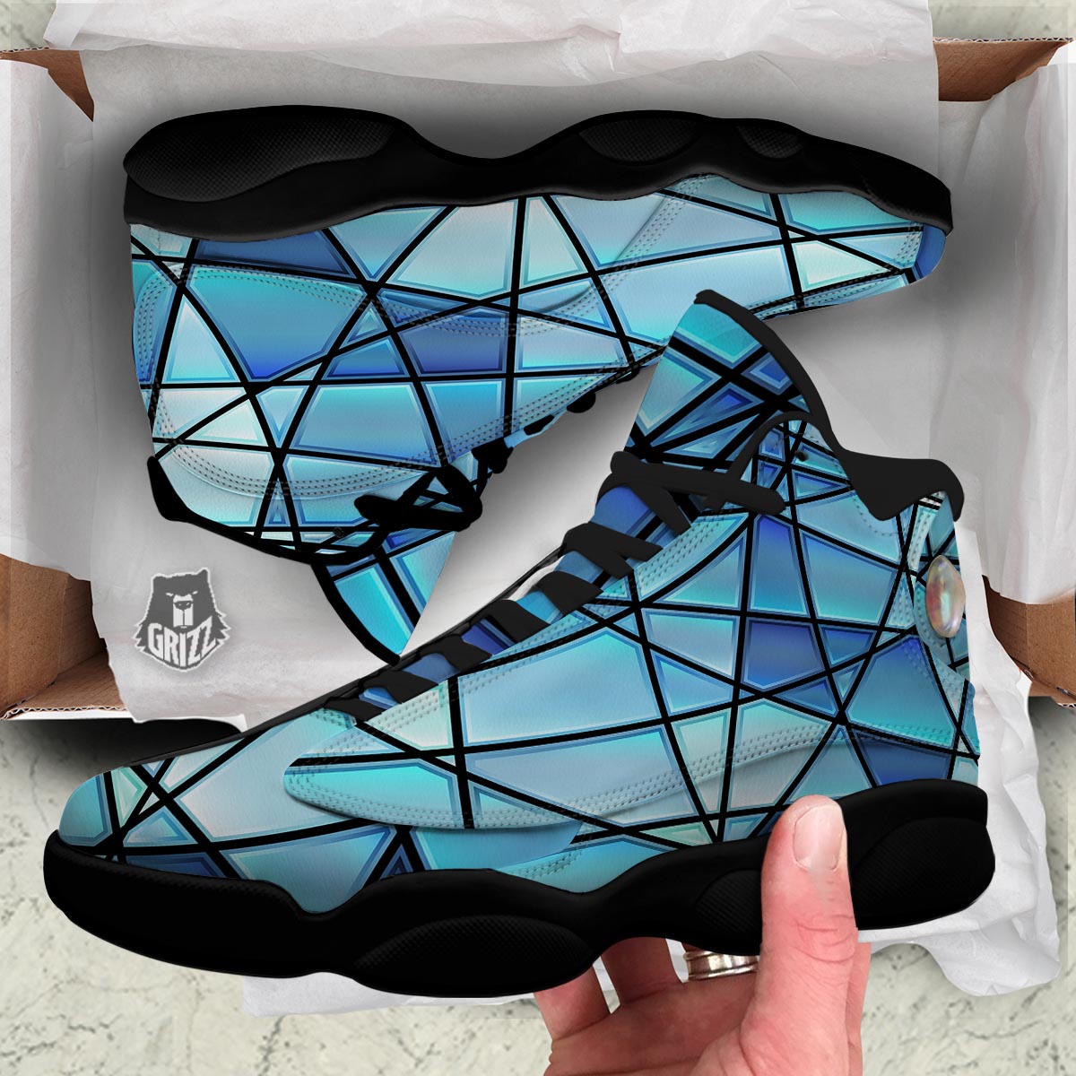 Stained Glass Mosaic Teal Print Black Basketball Shoes-grizzshop