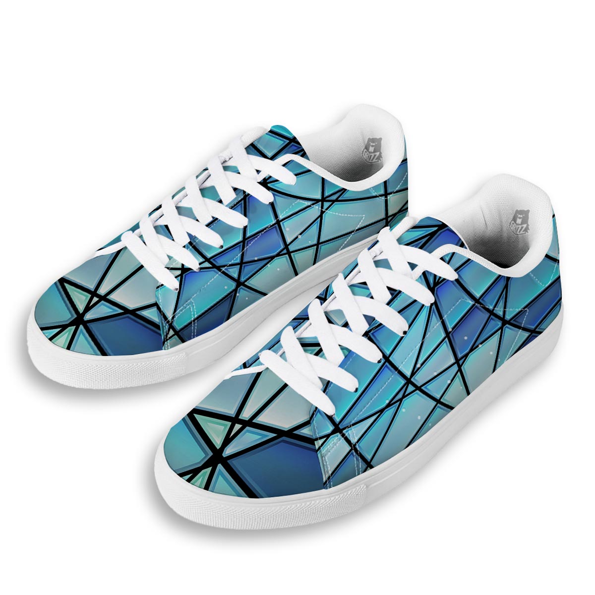 Stained Glass Mosaic Teal Print White Low Top Sneakers-grizzshop
