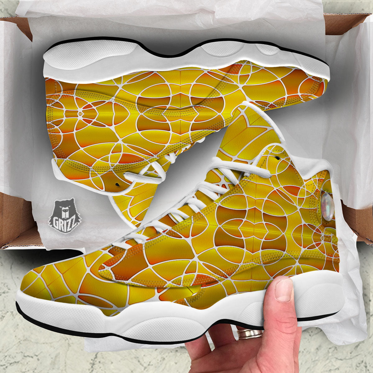 Stained Glass Mosaic Yellow Print Pattern White Basketball Shoes-grizzshop