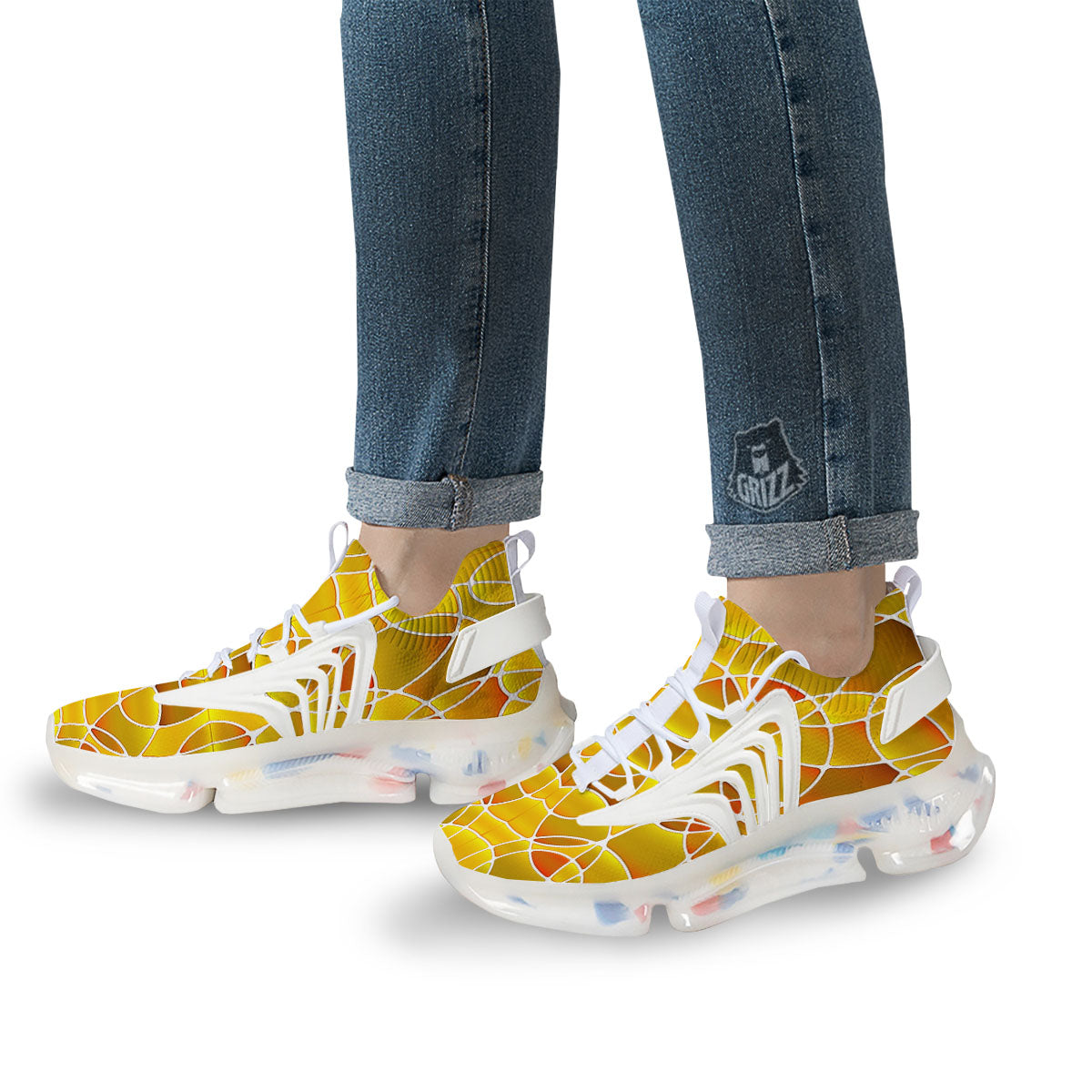 Stained Glass Mosaic Yellow Print Pattern White Gym Shoes-grizzshop