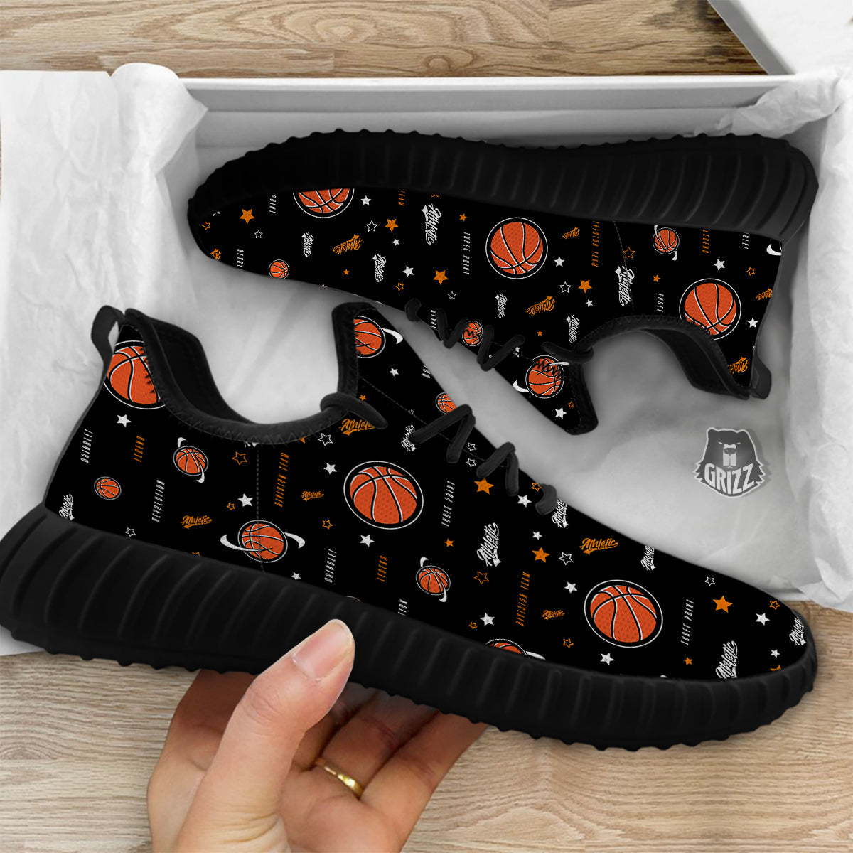 Star And Basketball Print Pattern Black Walking Shoes-grizzshop