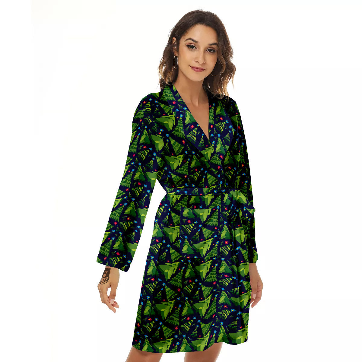 Star And Christmas Tree Print Pattern Women's Robe-grizzshop
