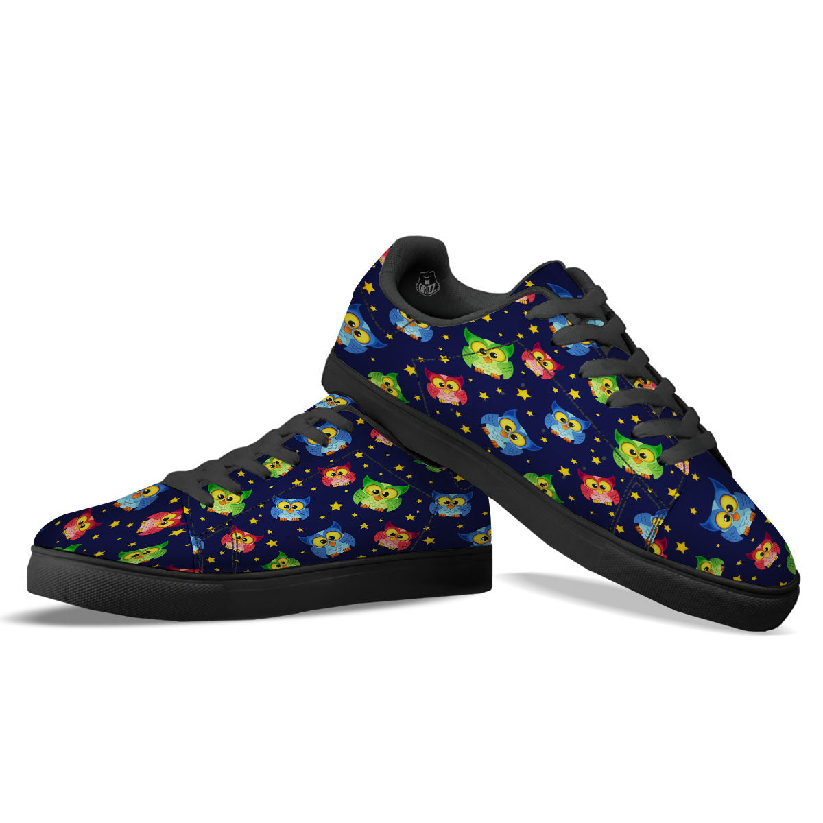 Star And Owl Print Pattern Black Low Top Sneakers-grizzshop