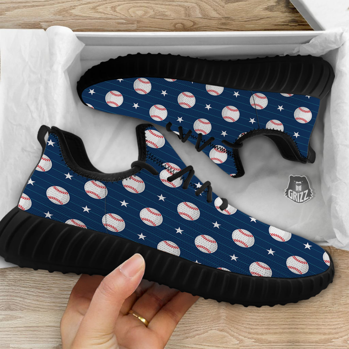 Star Baseballs Print Pattern Black Walking Shoes-grizzshop