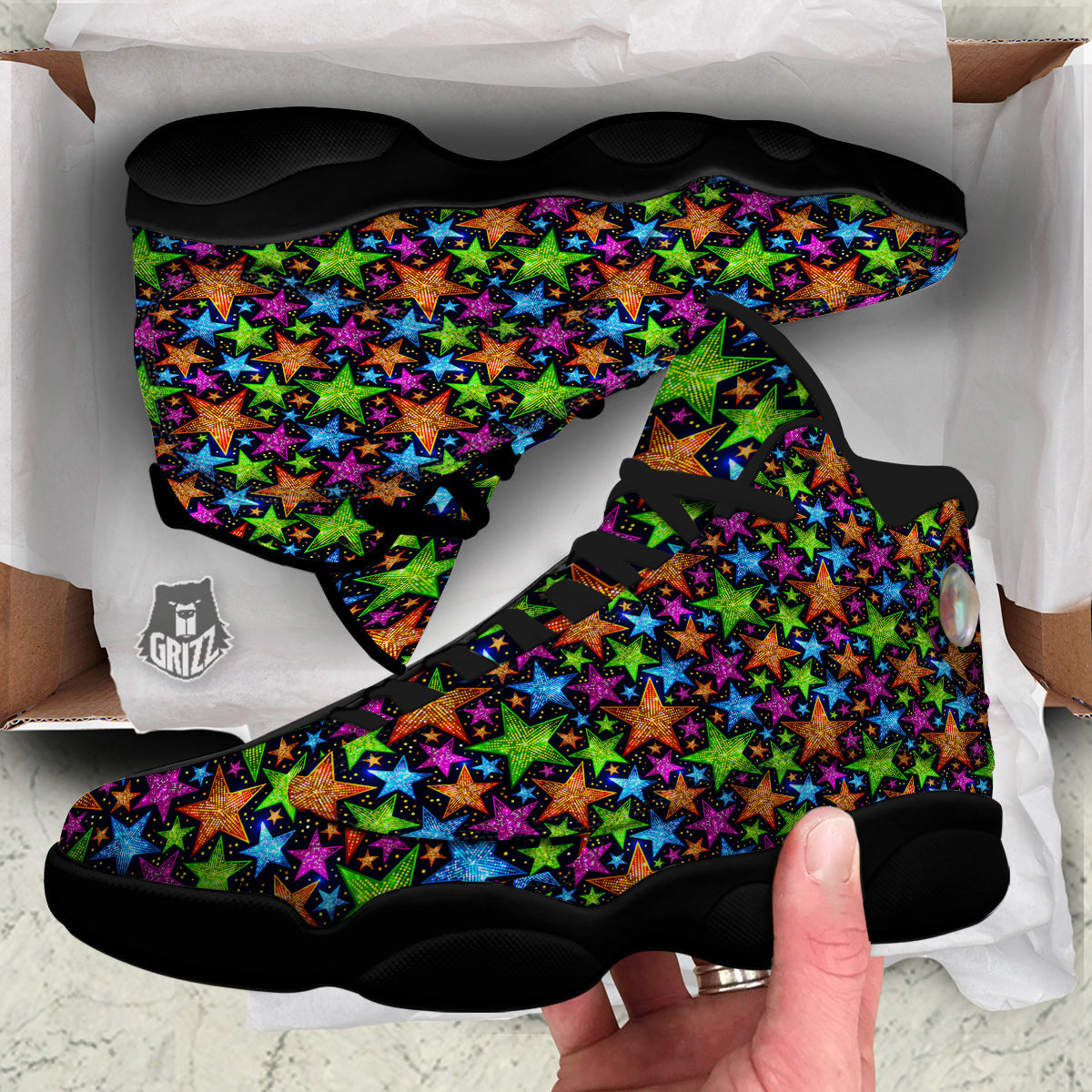 Star Disco Sparkles Print Pattern Black Basketball Shoes-grizzshop