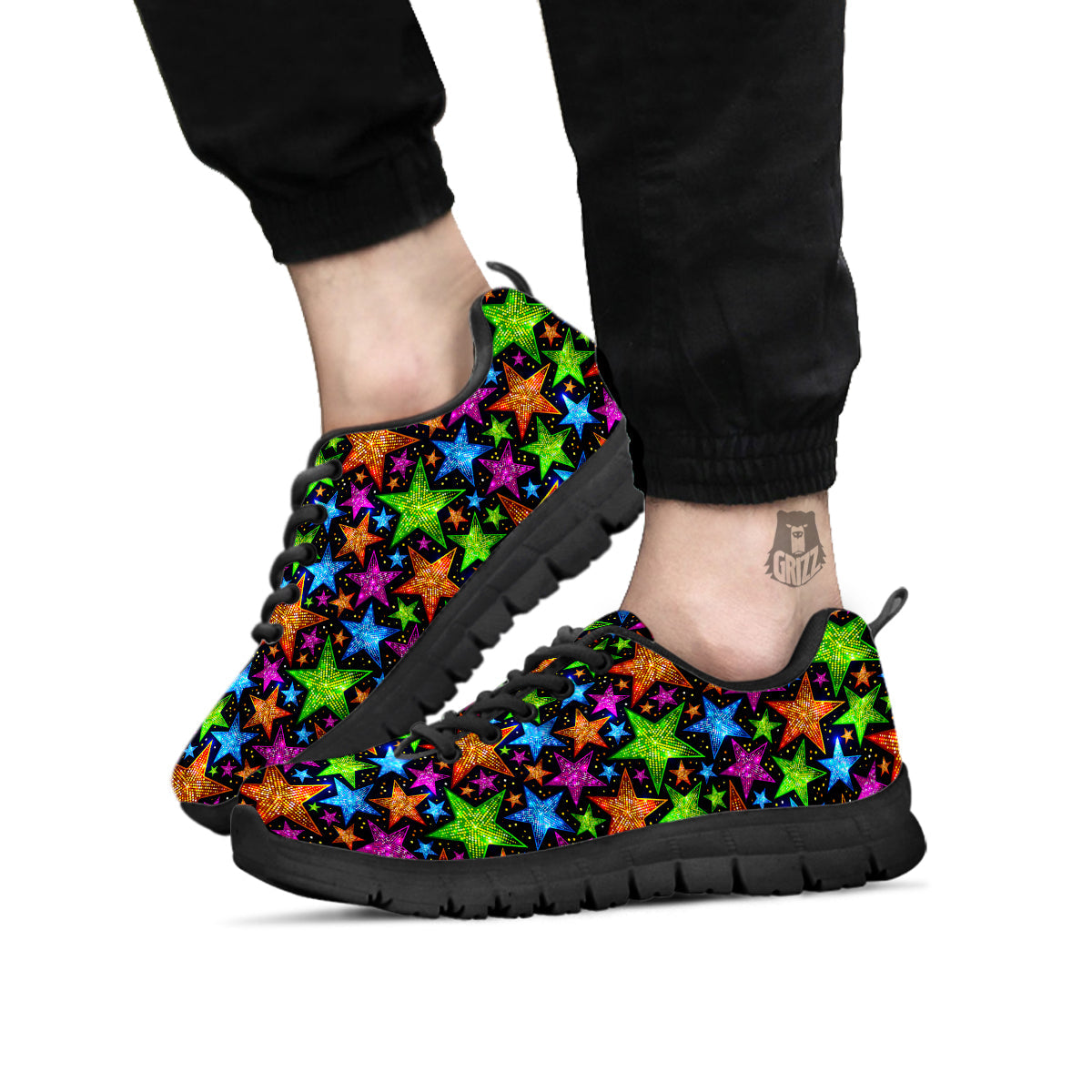 Star Disco Sparkles Print Pattern Black Sneaker-grizzshop