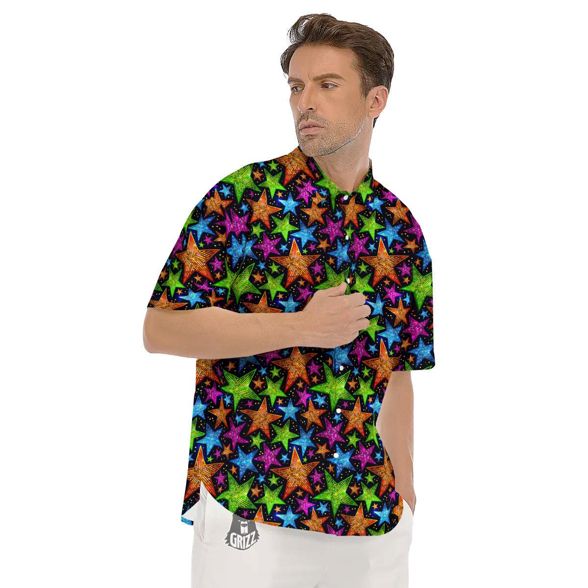 Star Disco Sparkles Print Pattern Men's Short Sleeve Shirts-grizzshop