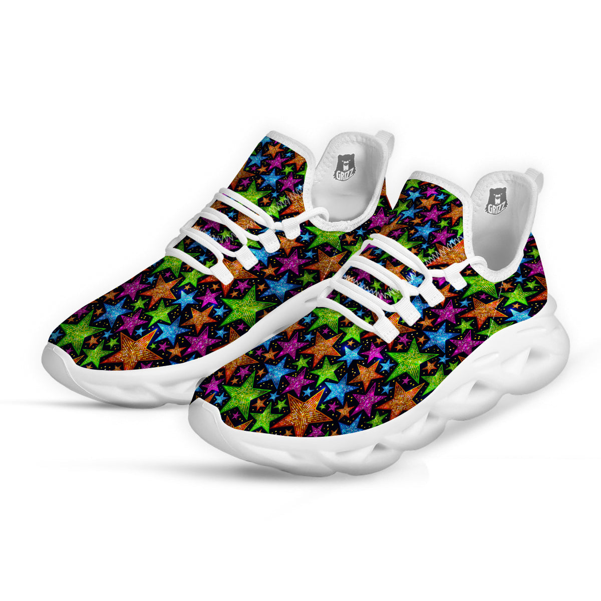 Star Disco Sparkles Print Pattern White Running Shoes-grizzshop