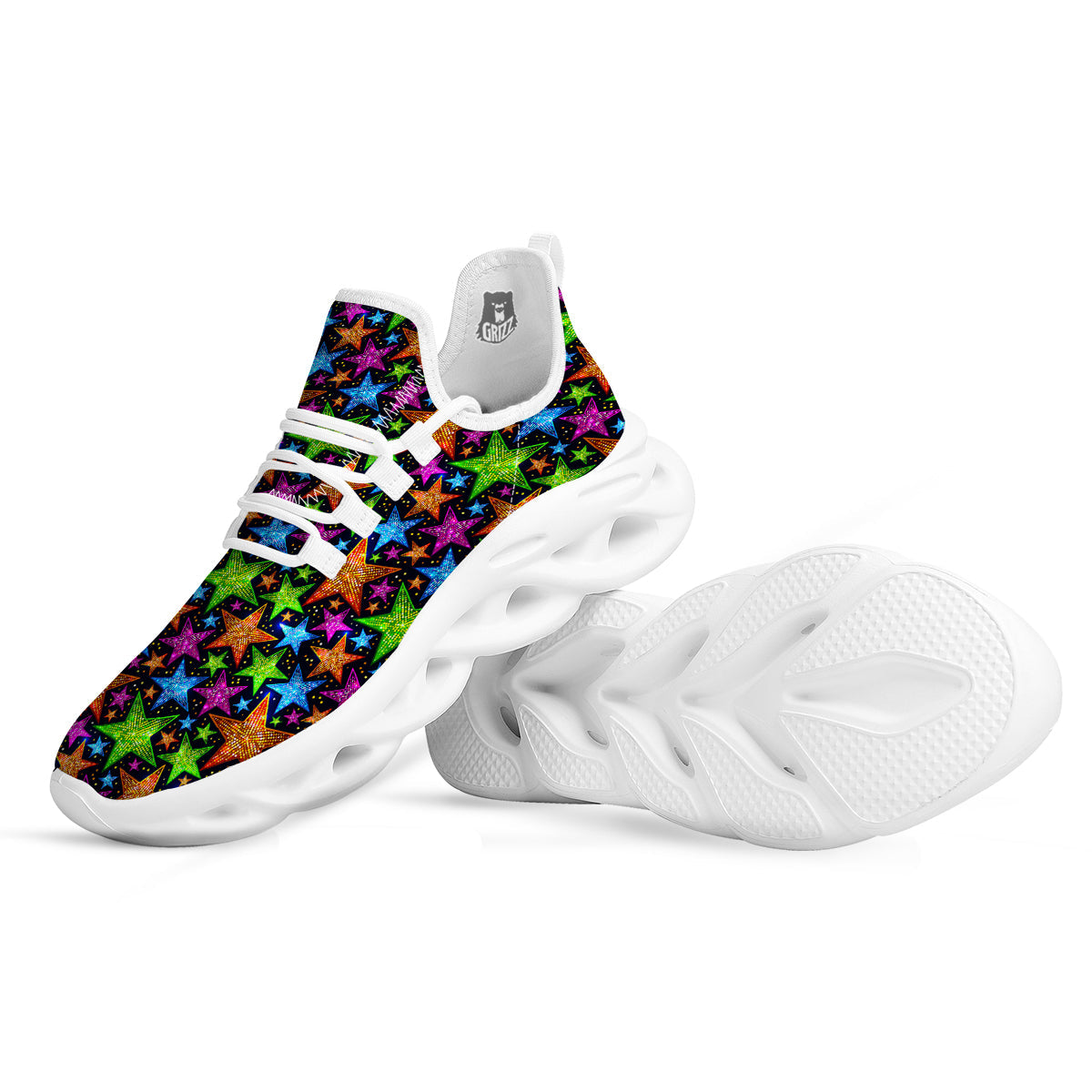 Star Disco Sparkles Print Pattern White Running Shoes-grizzshop