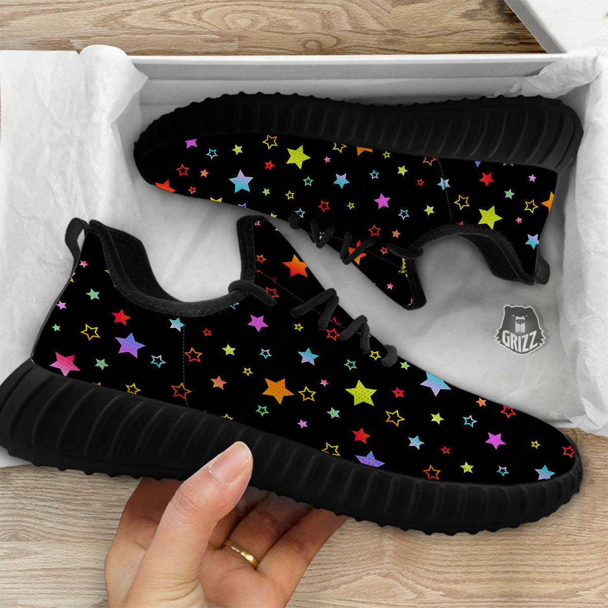Star Lights Print Pattern Black Walking Shoes-grizzshop