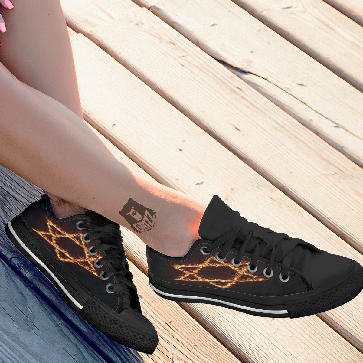 Star Of David Fiery Print Black Low Top Shoes-grizzshop