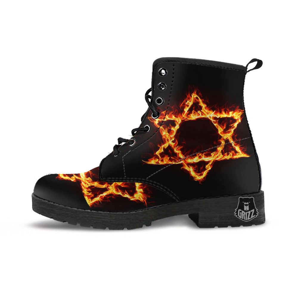 Star Of David Fiery Print Leather Boots-grizzshop