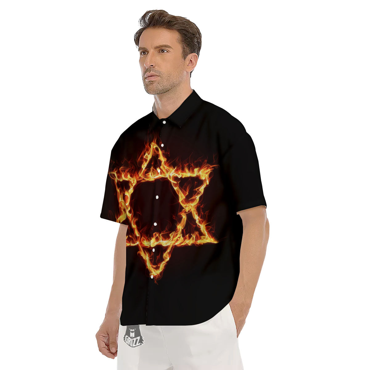 Star Of David Fiery Print Men's Short Sleeve Shirts-grizzshop