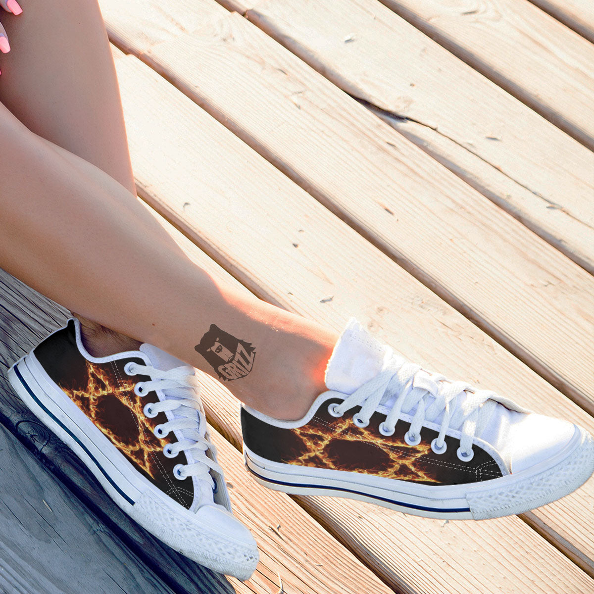 Star Of David Fiery Print White Low Top Shoes-grizzshop