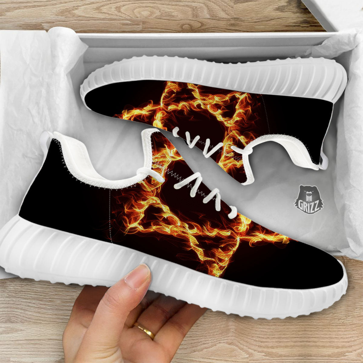 Star Of David Fiery Print White Walking Shoes-grizzshop