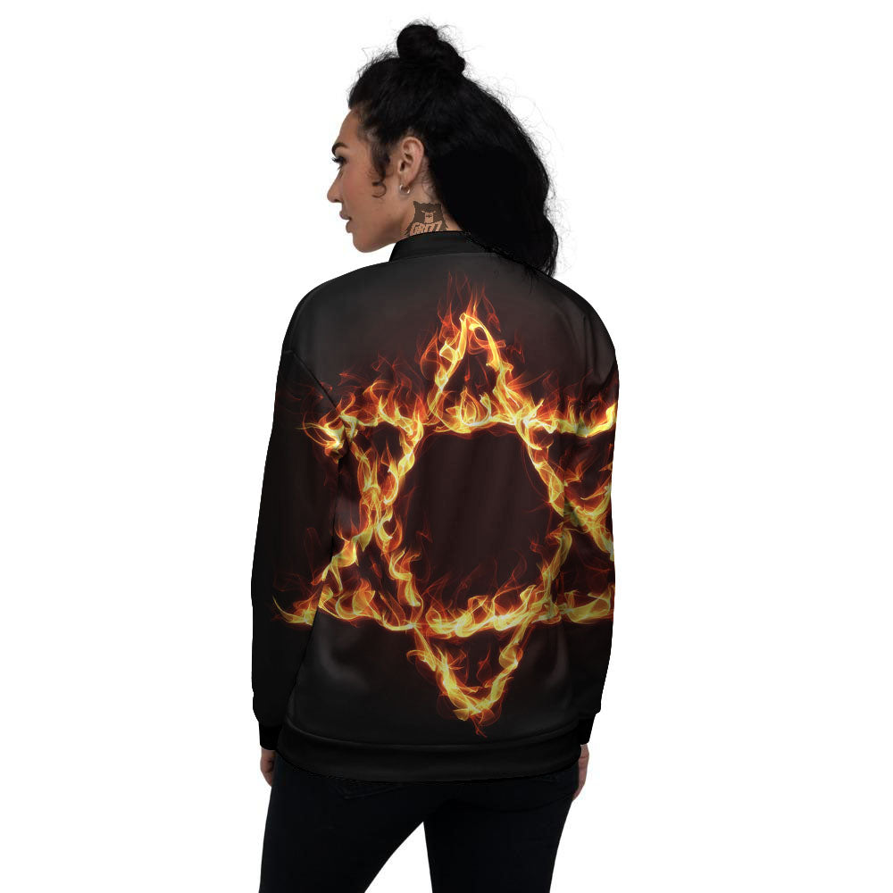 Star Of David Fiery Print Women's Bomber Jacket-grizzshop