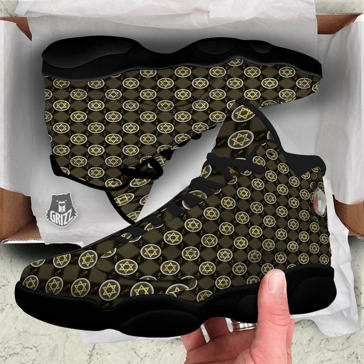 Star Of David Flaming Print Black Basketball Shoes-grizzshop