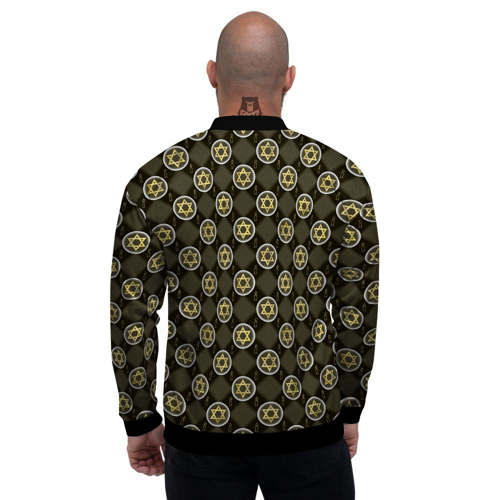 Star Of David Flaming Print Men's Bomber Jacket-grizzshop