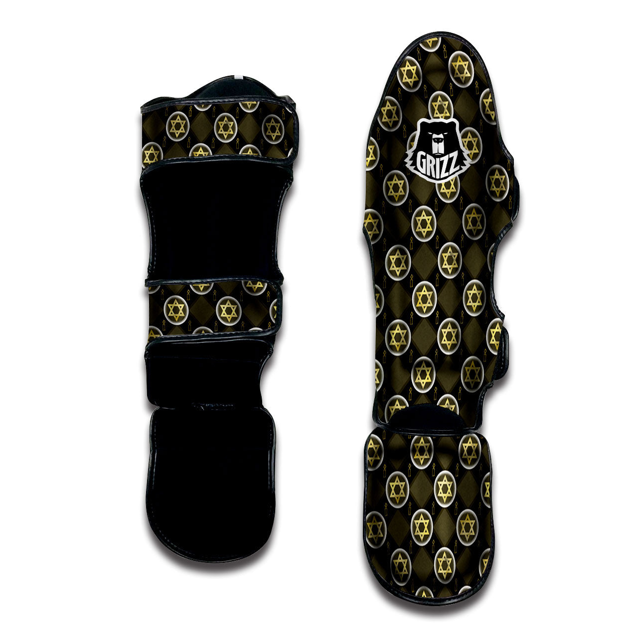 Star Of David Flaming Print Muay Thai Shin Guards-grizzshop