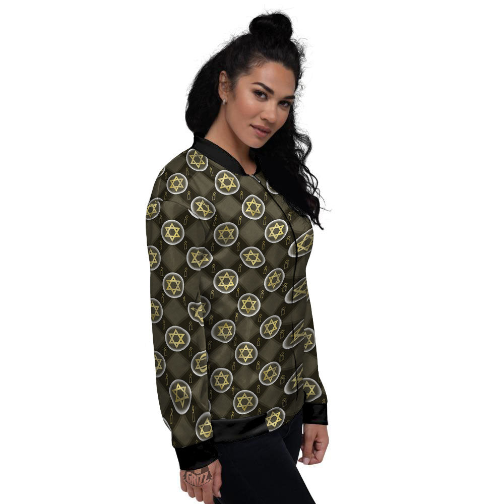 Star Of David Flaming Print Women's Bomber Jacket-grizzshop