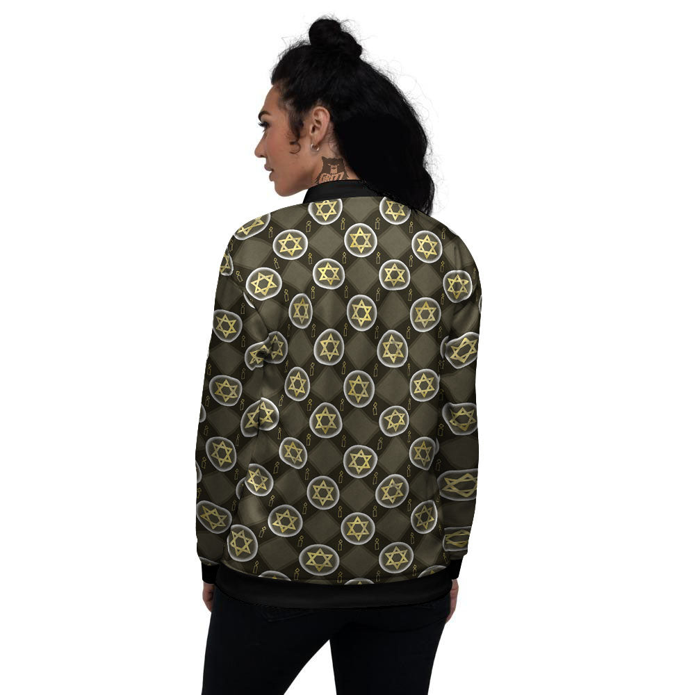 Star Of David Flaming Print Women's Bomber Jacket-grizzshop