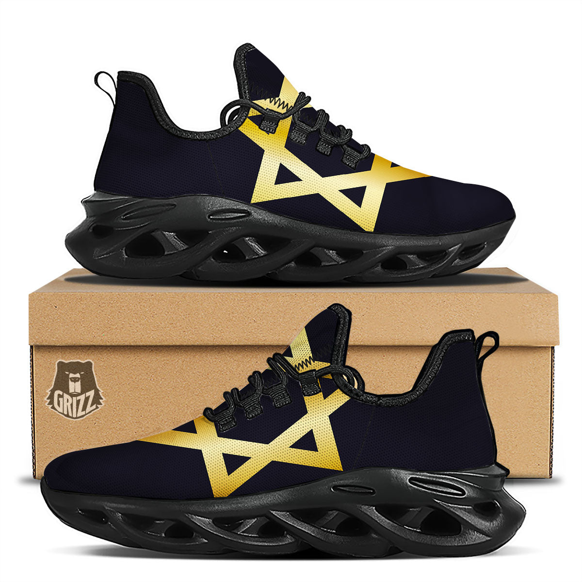 Star Of David Golden Print Black Running Shoes-grizzshop