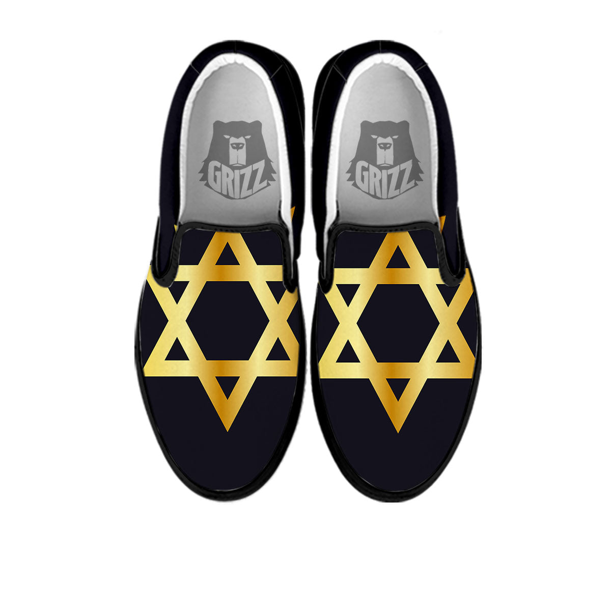 Star Of David Golden Print Black Slip On Shoes-grizzshop