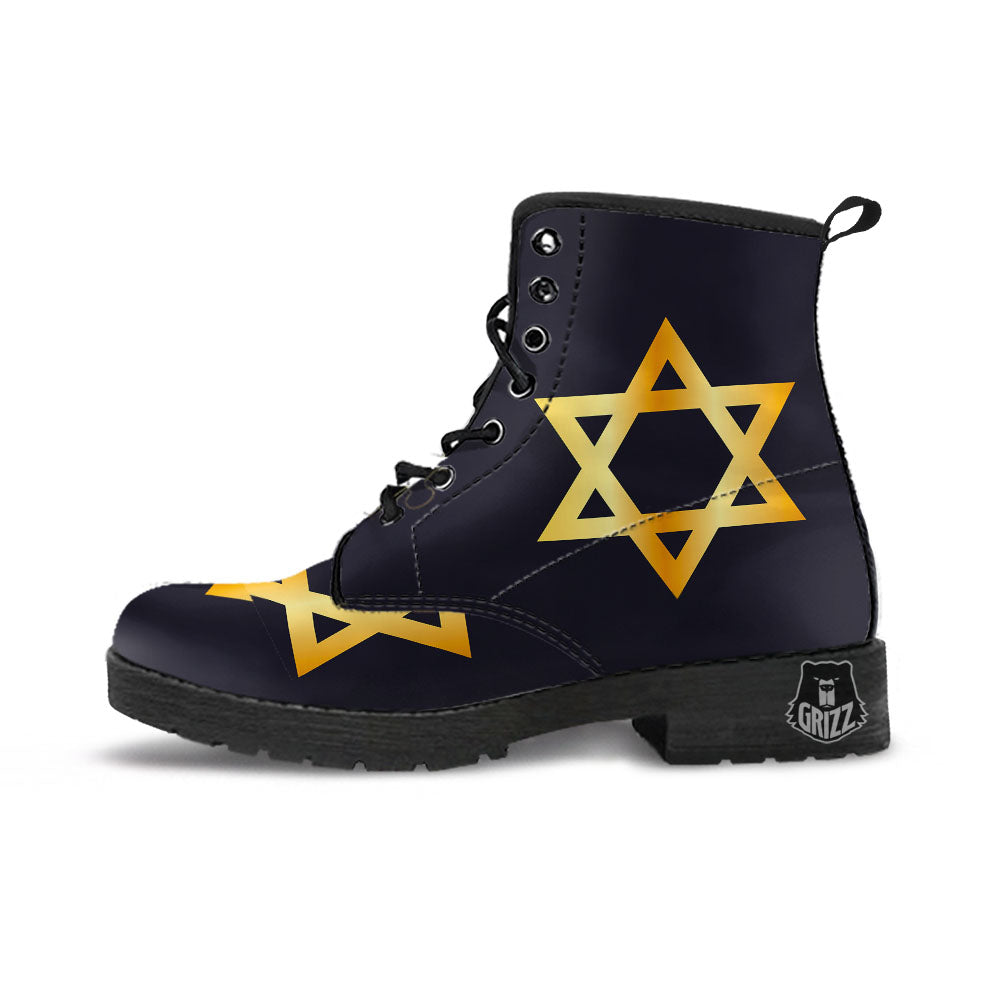 Star Of David Golden Print Leather Boots-grizzshop