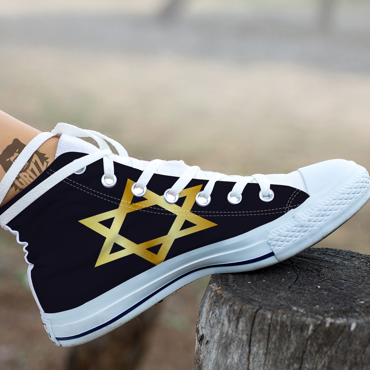 Star Of David Golden Print White High Top Shoes-grizzshop