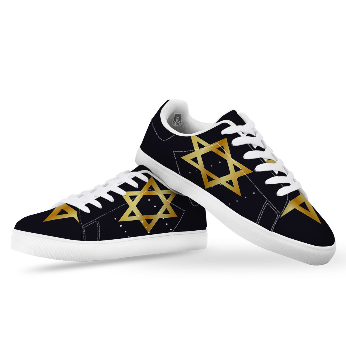 Star Of David Golden Print White Low Top Sneakers-grizzshop