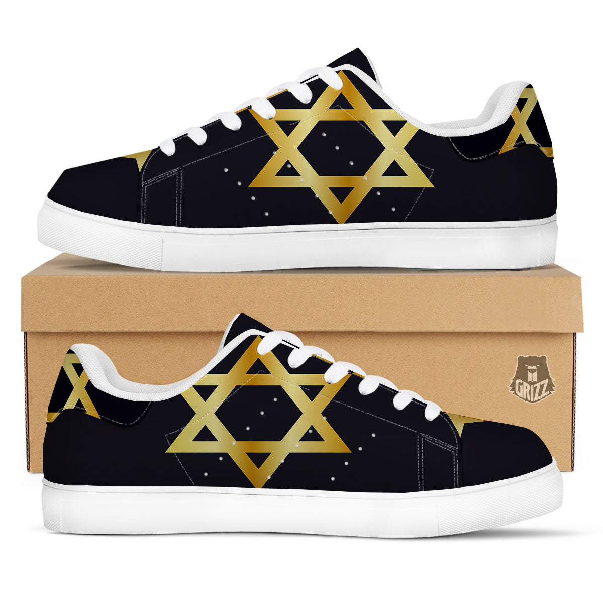 Star Of David Golden Print White Low Top Sneakers-grizzshop