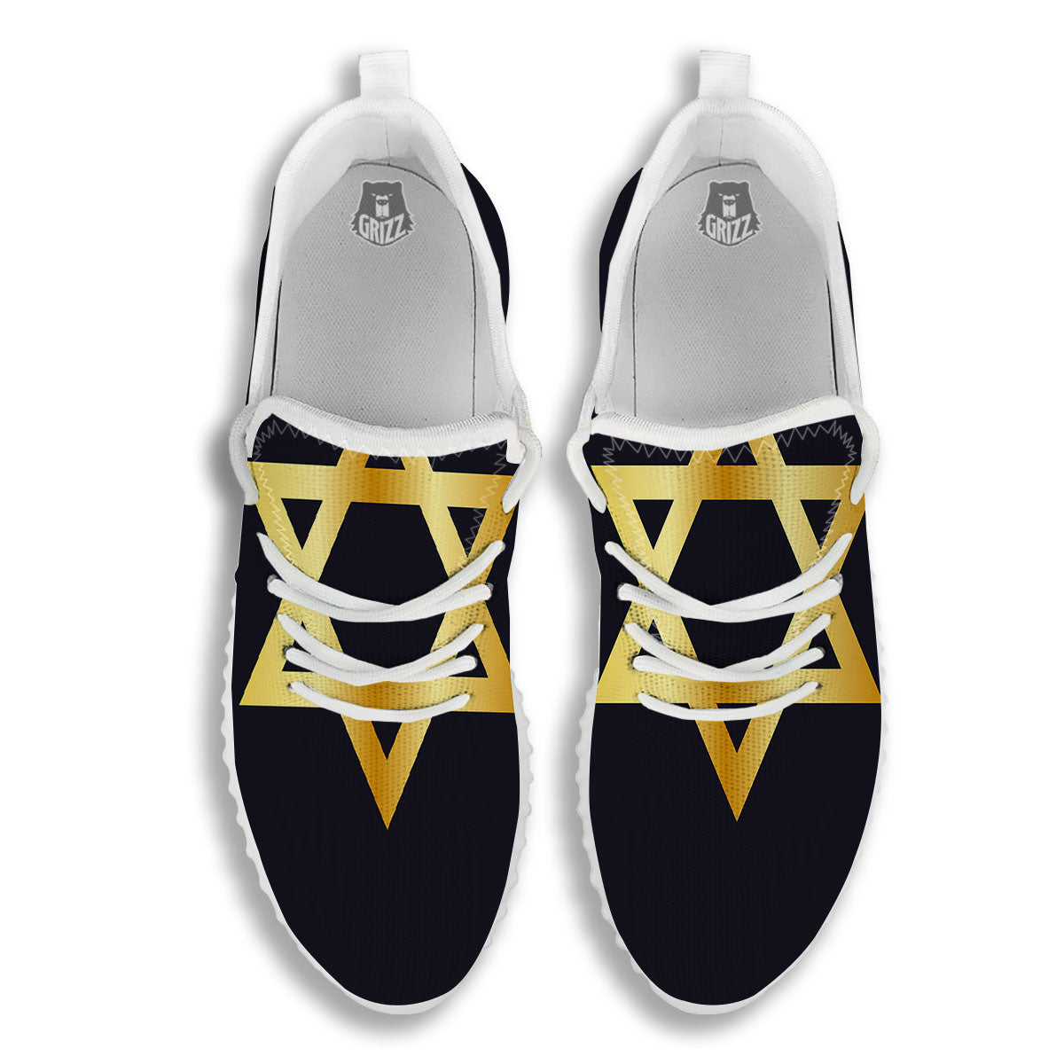 Star Of David Golden Print White Walking Shoes-grizzshop