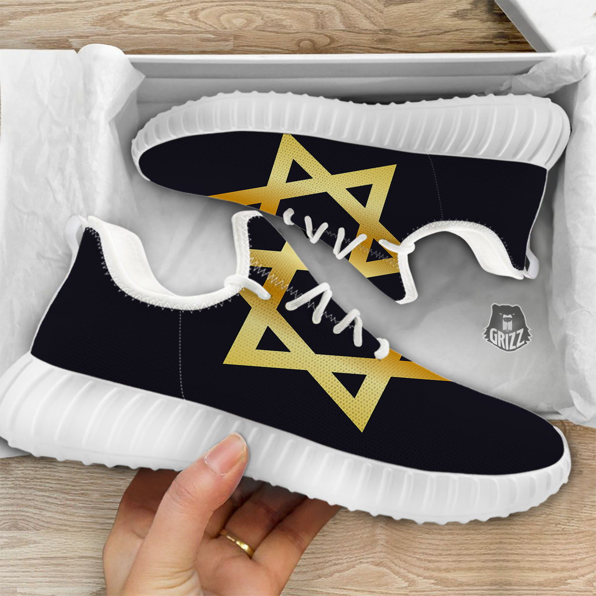 Star Of David Golden Print White Walking Shoes-grizzshop