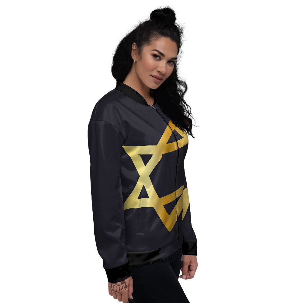 Star Of David Golden Print Women's Bomber Jacket-grizzshop