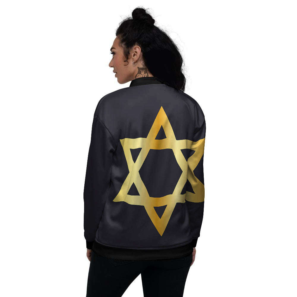 Star Of David Golden Print Women's Bomber Jacket-grizzshop