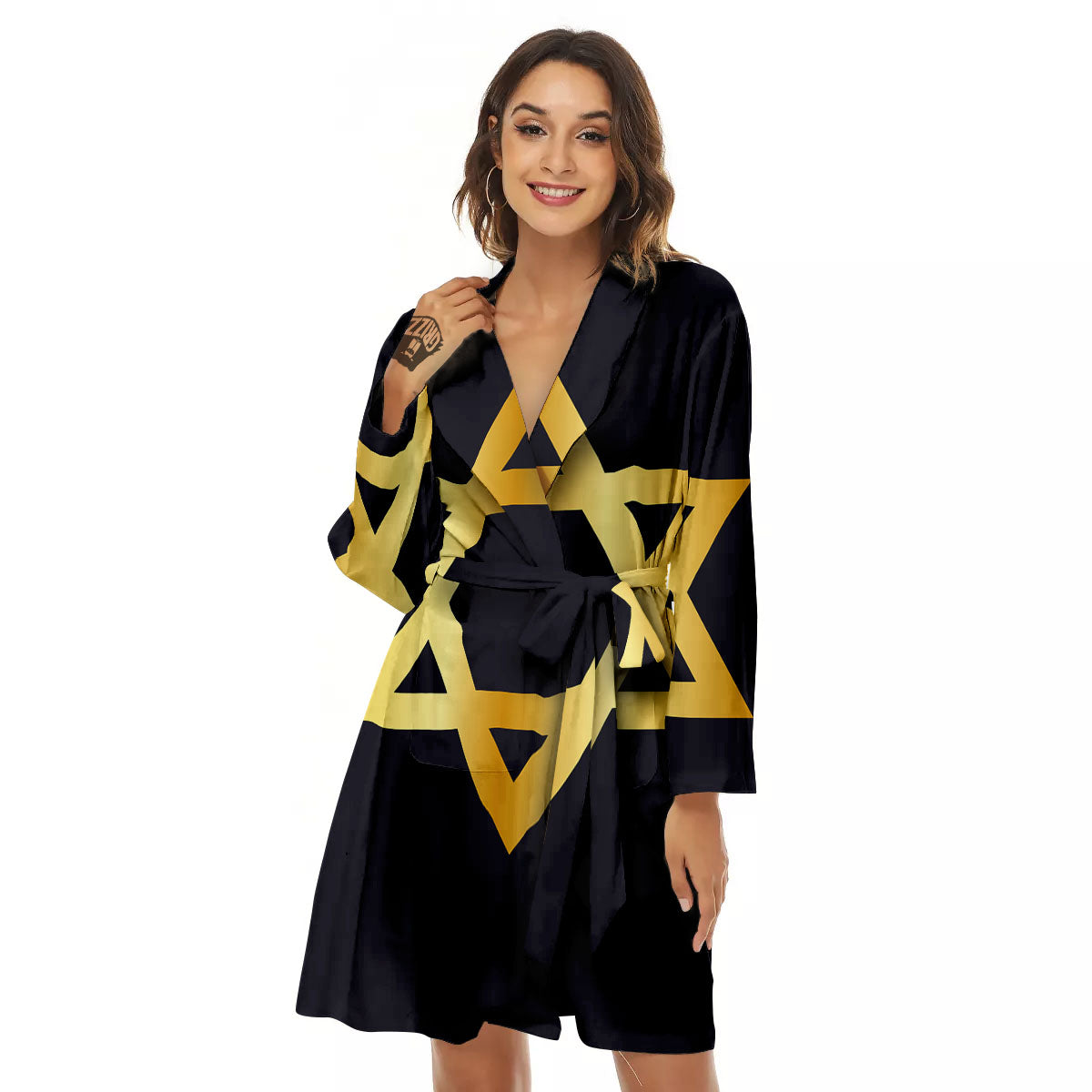 Star Of David Golden Print Women's Robe-grizzshop