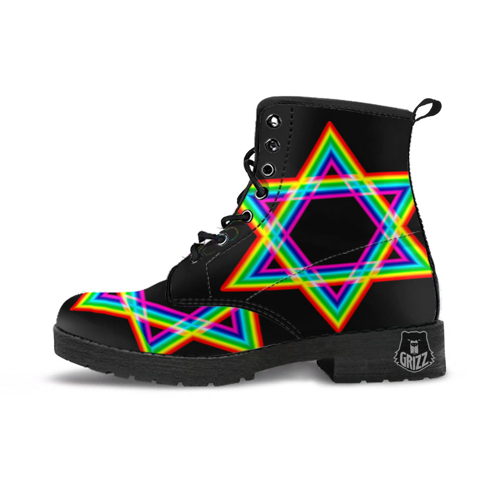Star Of David Rainbow Print Leather Boots-grizzshop