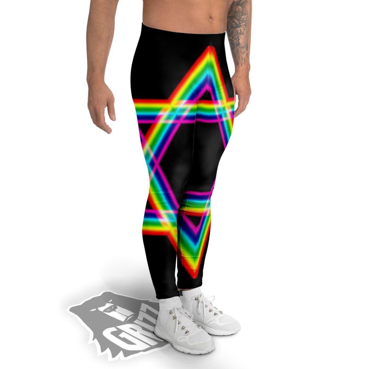 Star Of David Rainbow Print Men's Leggings-grizzshop