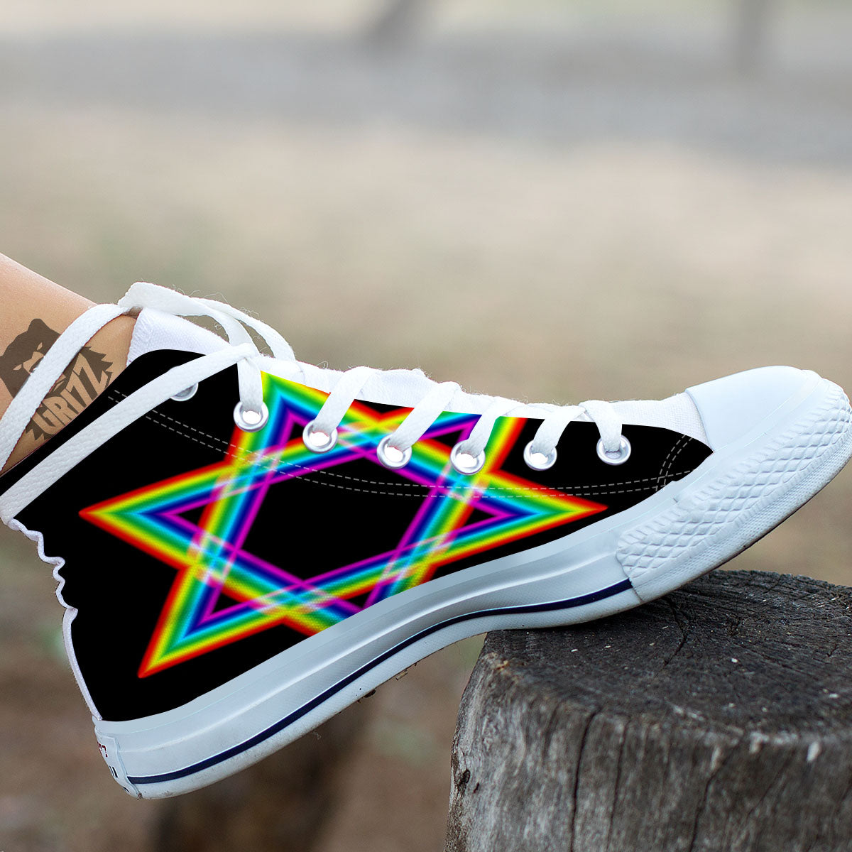 Star Of David Rainbow Print White High Top Shoes-grizzshop
