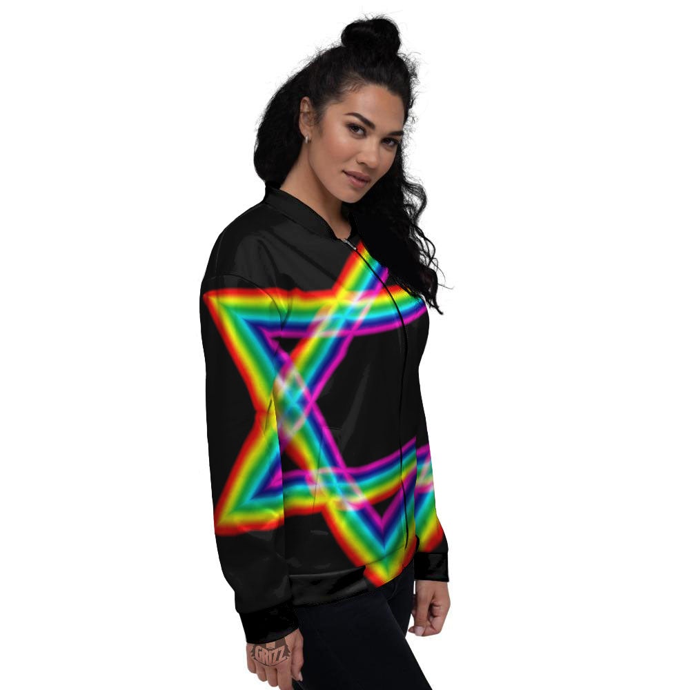Star Of David Rainbow Print Women's Bomber Jacket-grizzshop