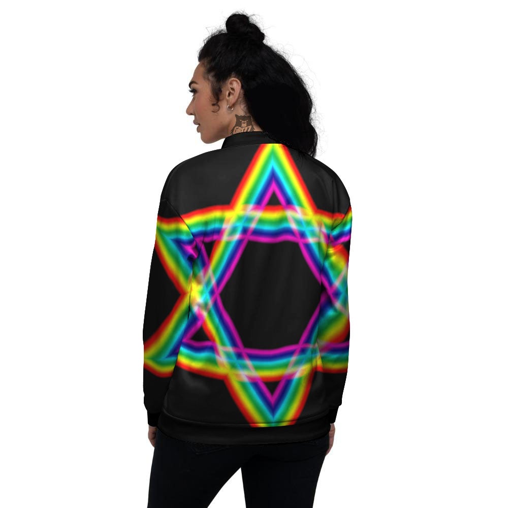 Star Of David Rainbow Print Women's Bomber Jacket-grizzshop