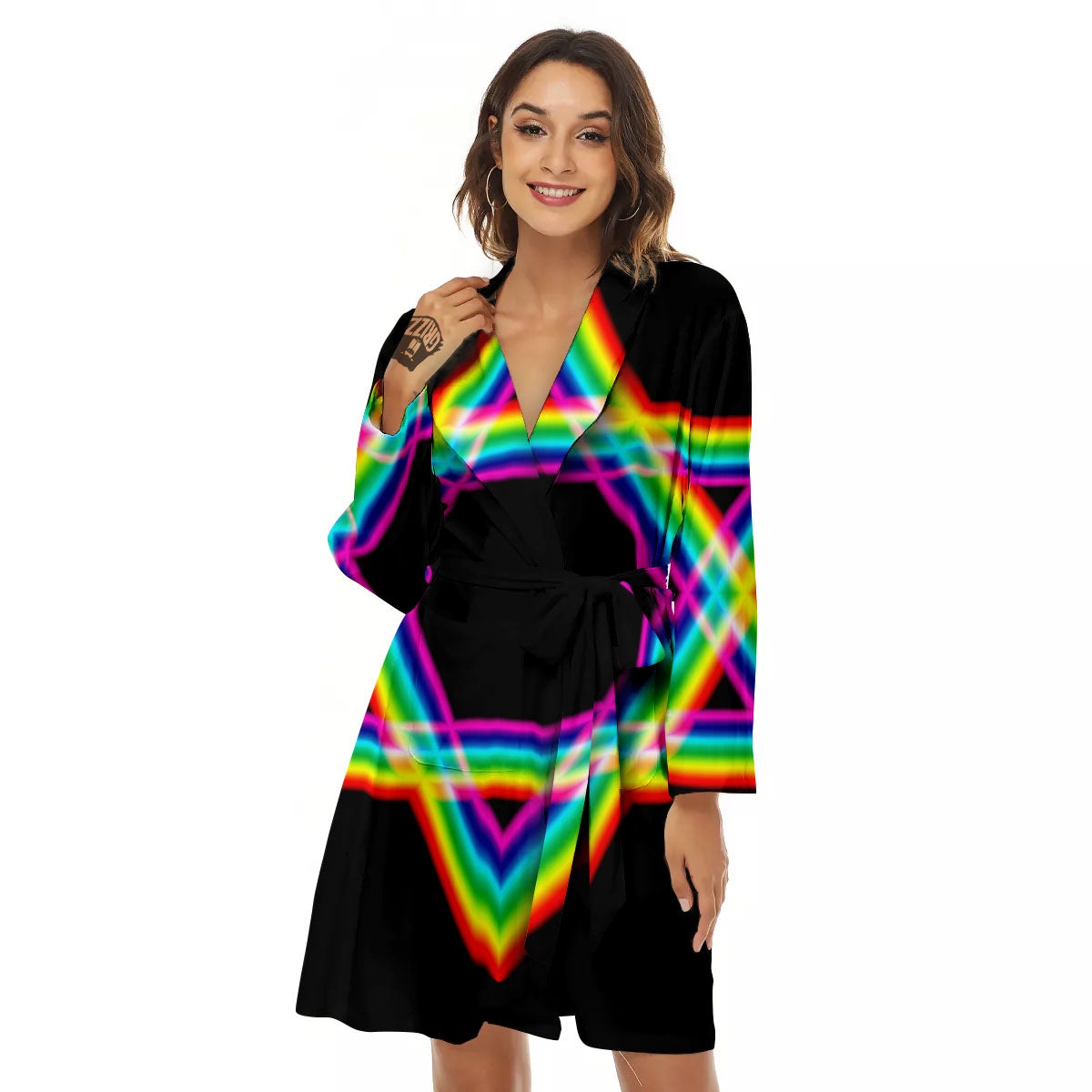 Star Of David Rainbow Print Women's Robe-grizzshop