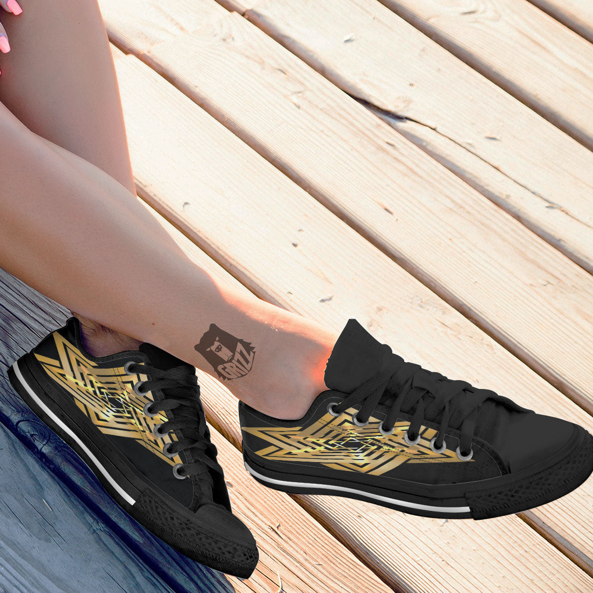 Star of David Gold And Black Print Black Low Top Shoes-grizzshop
