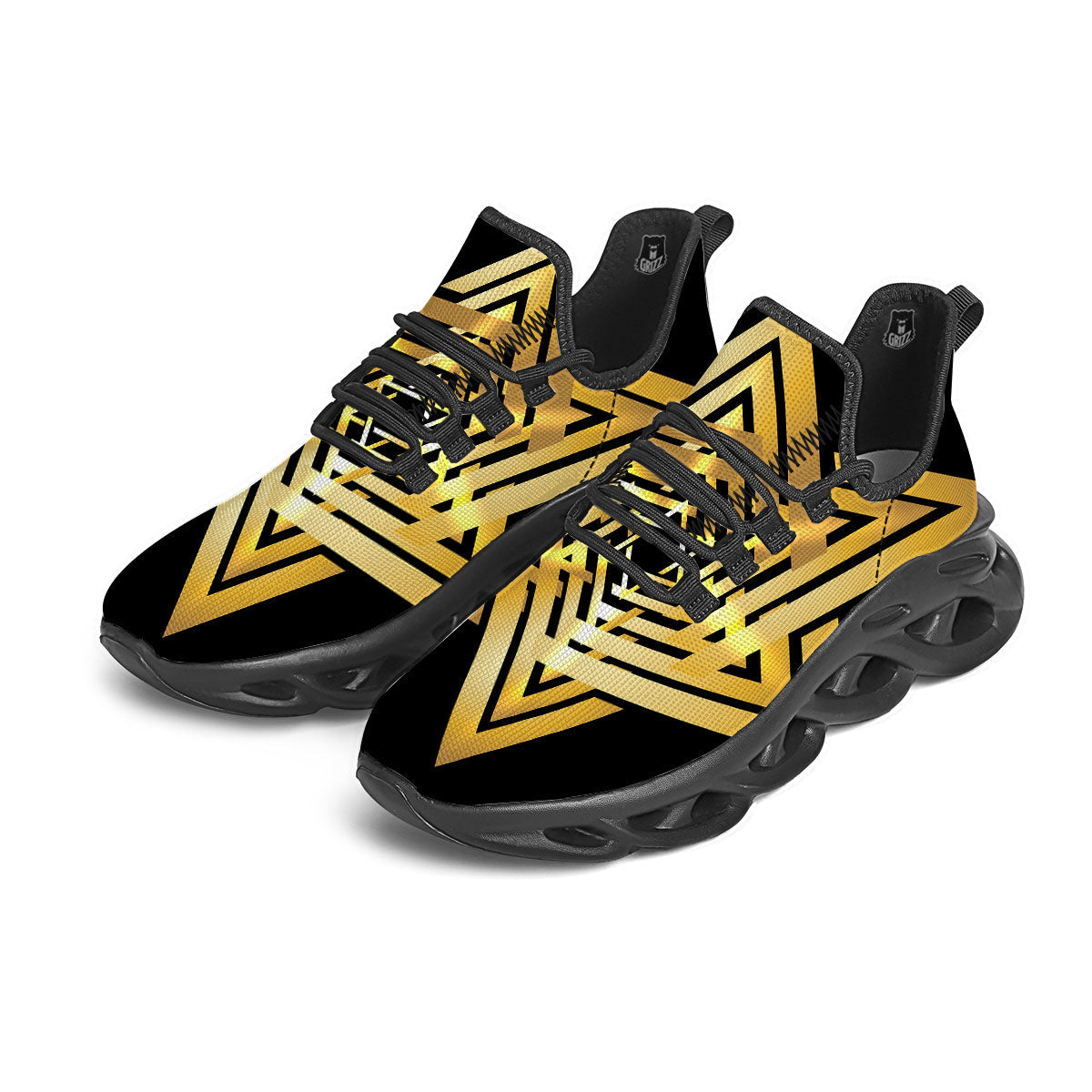 Star of David Gold And Black Print Black Running Shoes-grizzshop