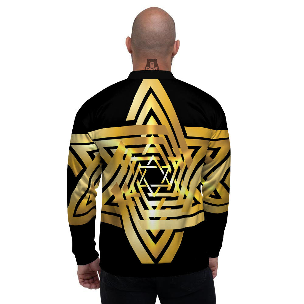 Star of David Gold And Black Print Men's Bomber Jacket-grizzshop