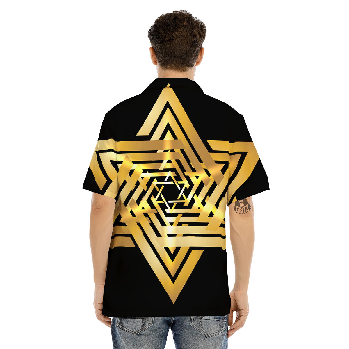 Star of David Gold And Black Print Men's Hawaiian Shirt-grizzshop