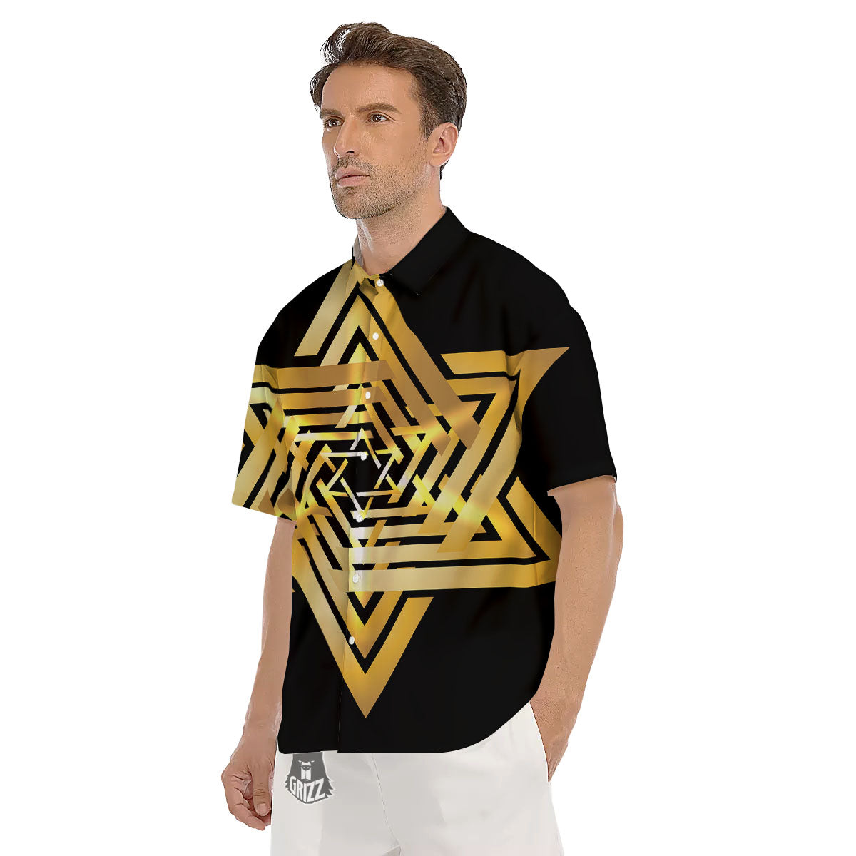 Star of David Gold And Black Print Men's Short Sleeve Shirts-grizzshop