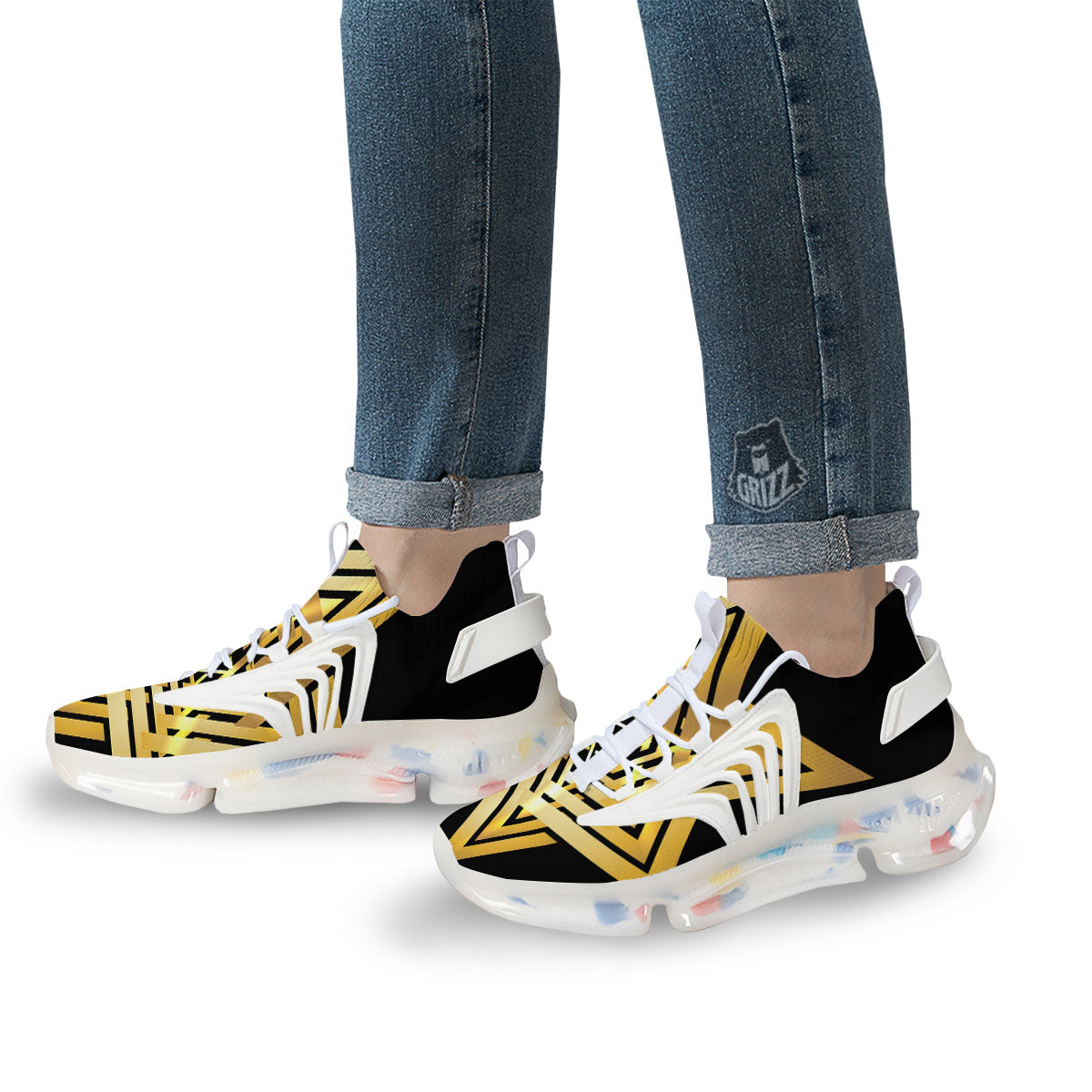 Star of David Gold And Black Print White Gym Shoes-grizzshop