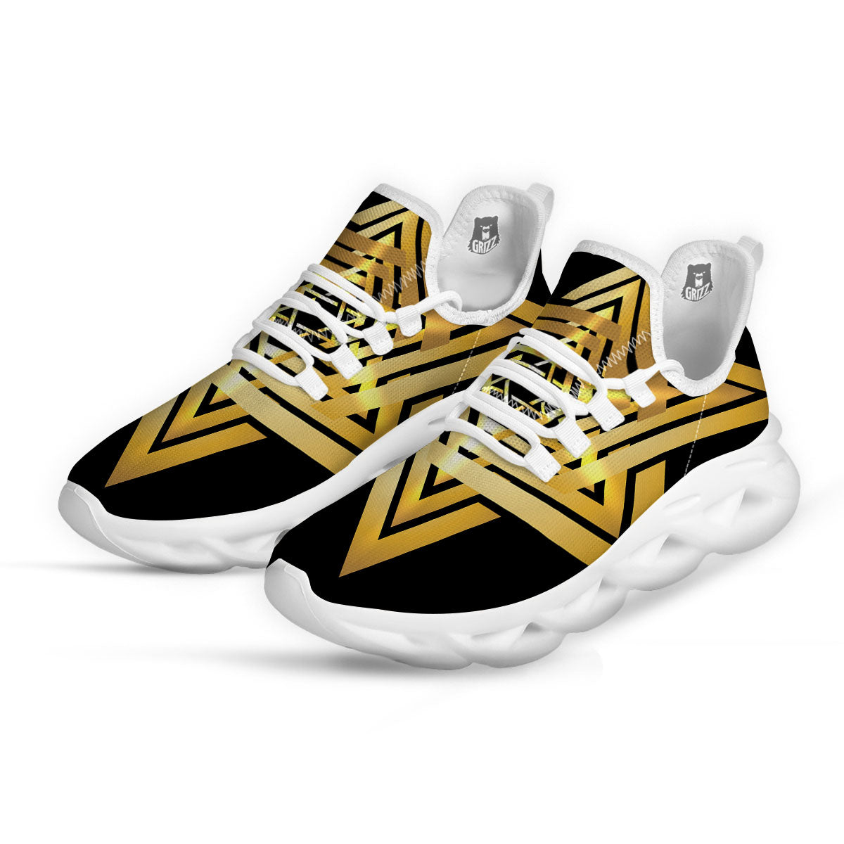 Star of David Gold And Black Print White Running Shoes-grizzshop