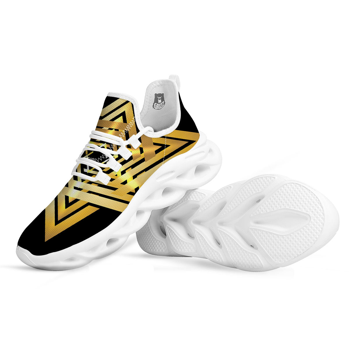 Star of David Gold And Black Print White Running Shoes-grizzshop
